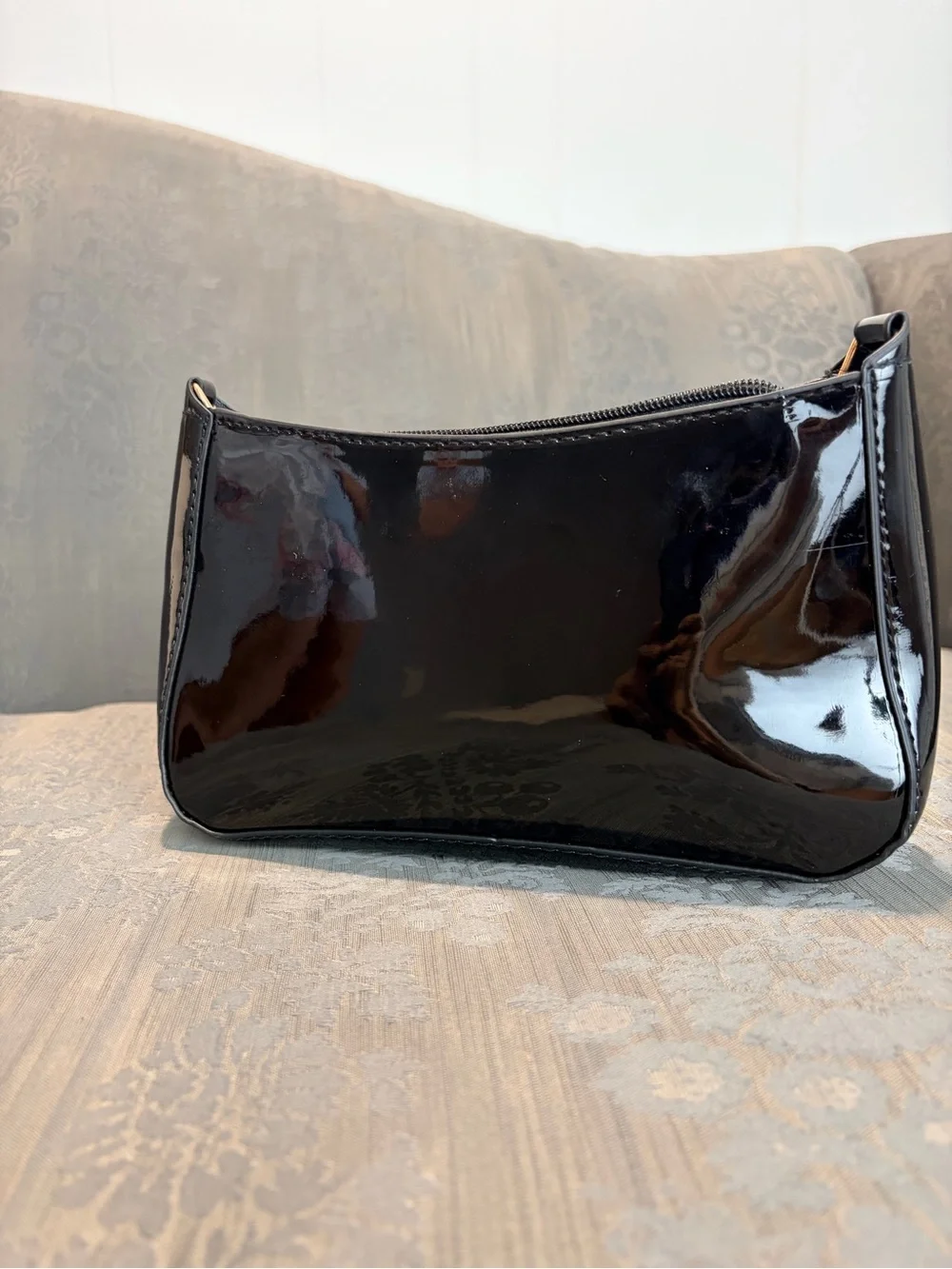 Ava Lane Patent Leather Black Mini Shoulder Bag with Gold Bow Accent - NEW